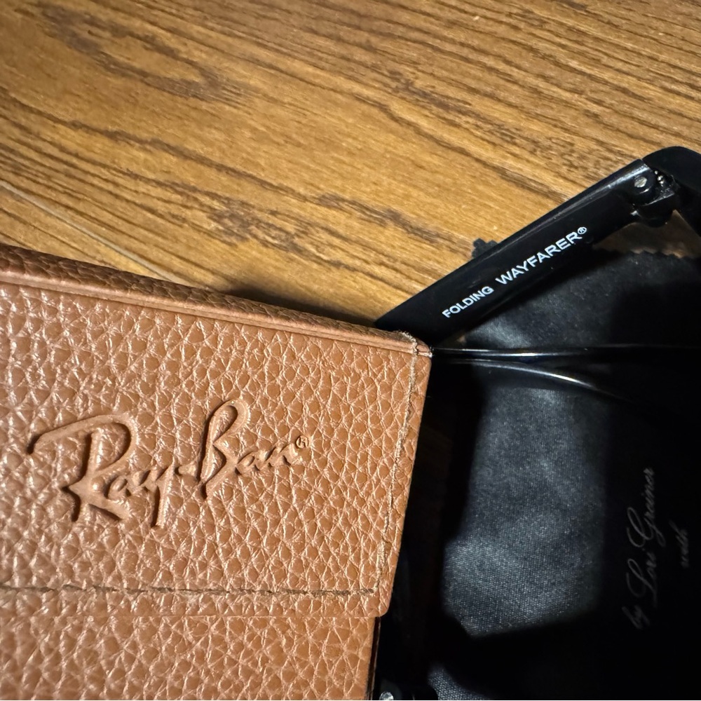 Ray-Ban Foldable Black Sunglasses with Brown Leather Case - Picture 3 of 14